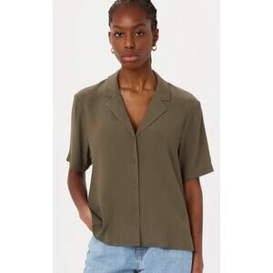 Frank And Oak The Camp Collar Blouse Dark Khaki Women XL New Short Sleeve Shirt